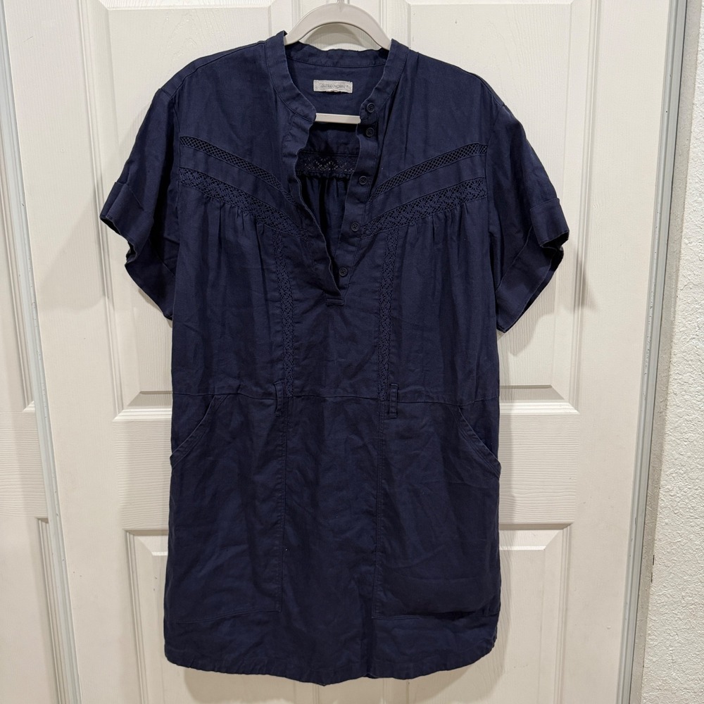 Outerknown Navy Blue Linen Organic Cotton Crochet Trim Dress Size M PO 02205-00